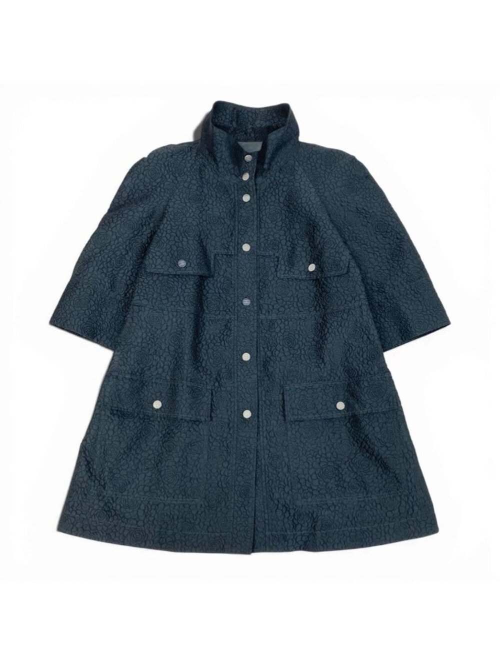 Chanel Camellia CC Logo Navy Polyester Silk Coat A3 - Picture 2 of 9